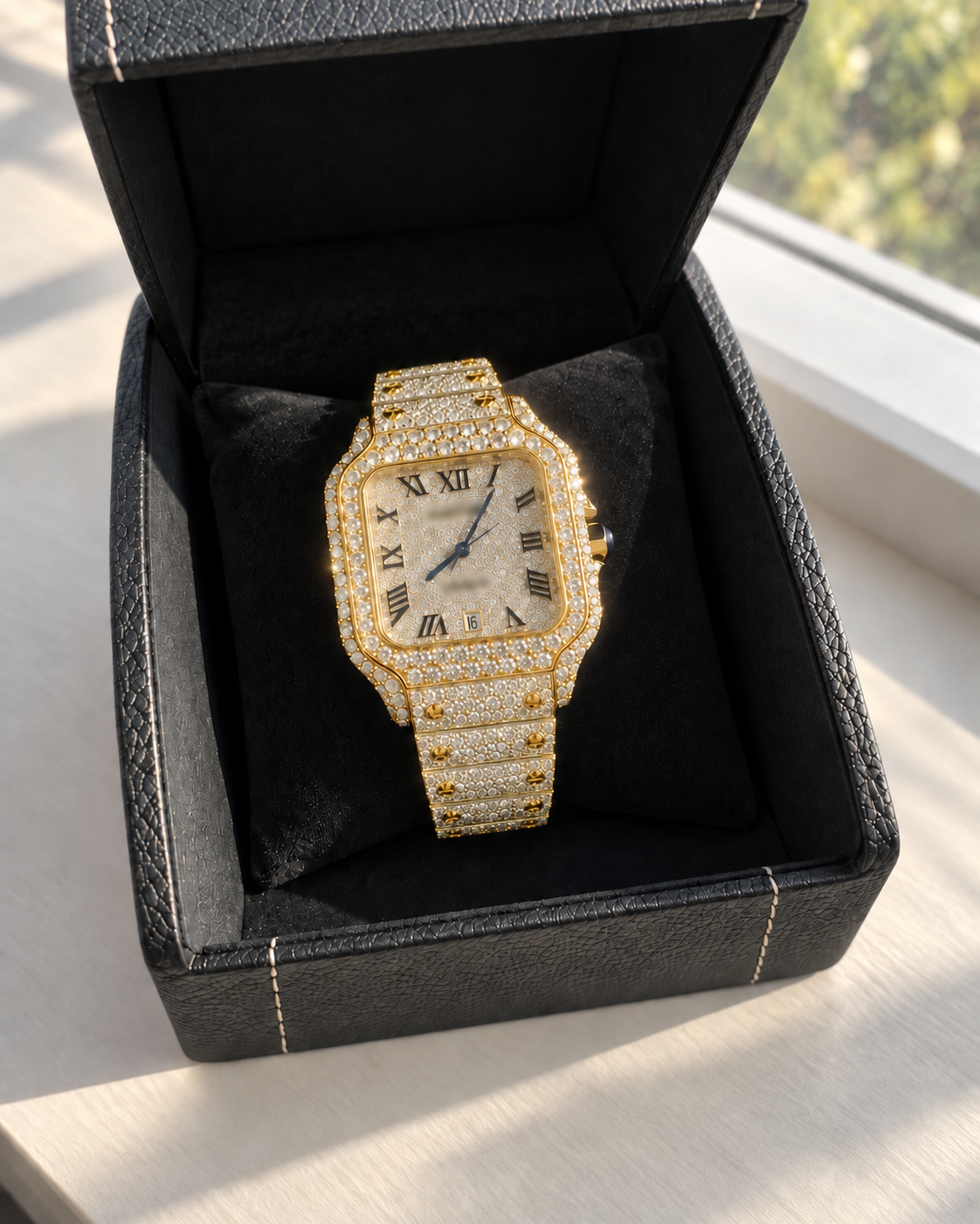 Digital preview: yellow-gold-tone square watch with Roman numerals in a black box