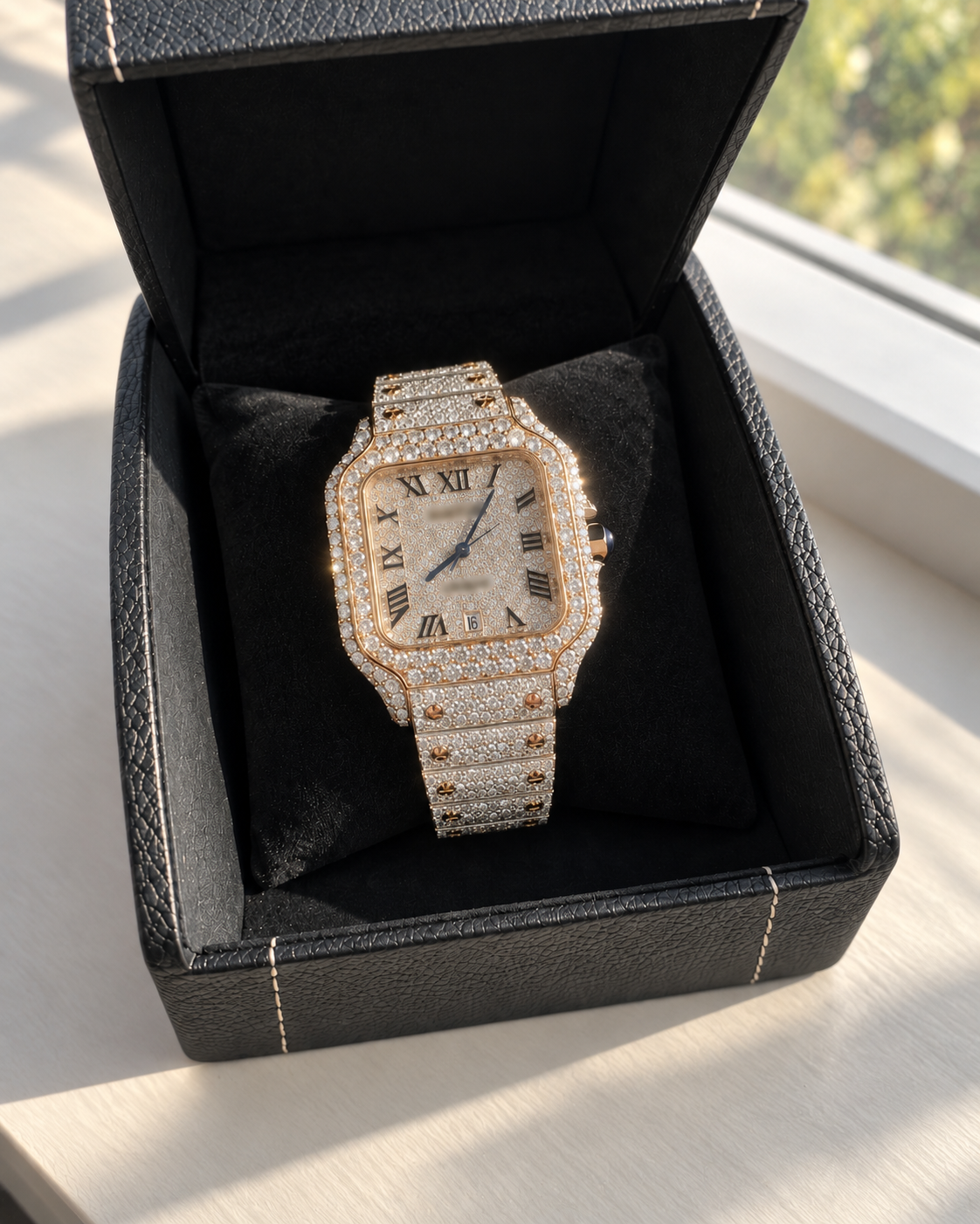 Square rose-gold-tone Roman-dial watch, branding blurred